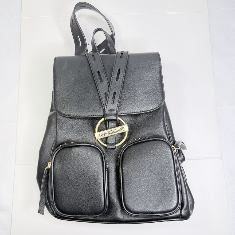 Love Moschino Black Faux Leather Backpack Gold Logo Front Pocket Bag